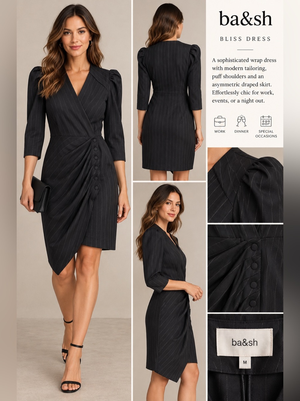 ba&sh Black Pinstripe Faux Wrap Dress NWTS Size Medium 3/4 Sleeves Snap Closure